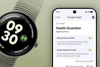 Pixel Watch et application Google Health montrant les tendances Health Guardian (tension artérielle, résistance à l'insuline, respiration)