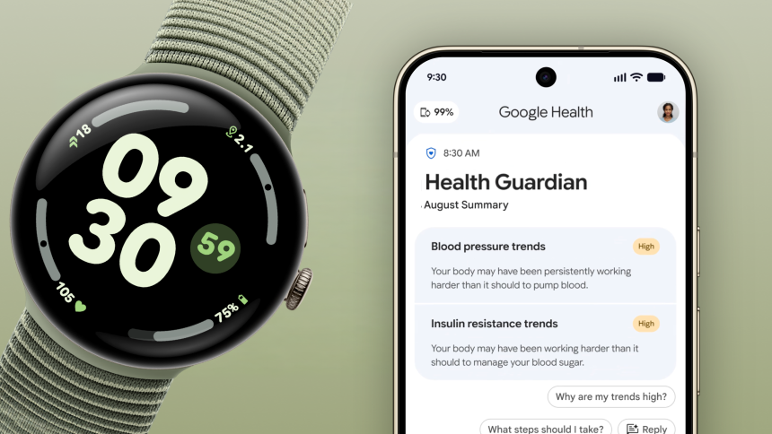 Pixel Watch et application Google Health montrant les tendances Health Guardian (tension artérielle, résistance à l'insuline, respiration)