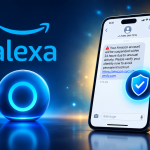 Concept : outil IA anti-arnaque d'Amazon dans Alexa, un smartphone vérifie un message suspect avec un bouclier de sécurité
