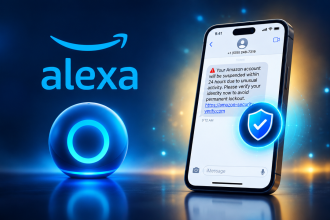 Concept : outil IA anti-arnaque d'Amazon dans Alexa, un smartphone vérifie un message suspect avec un bouclier de sécurité