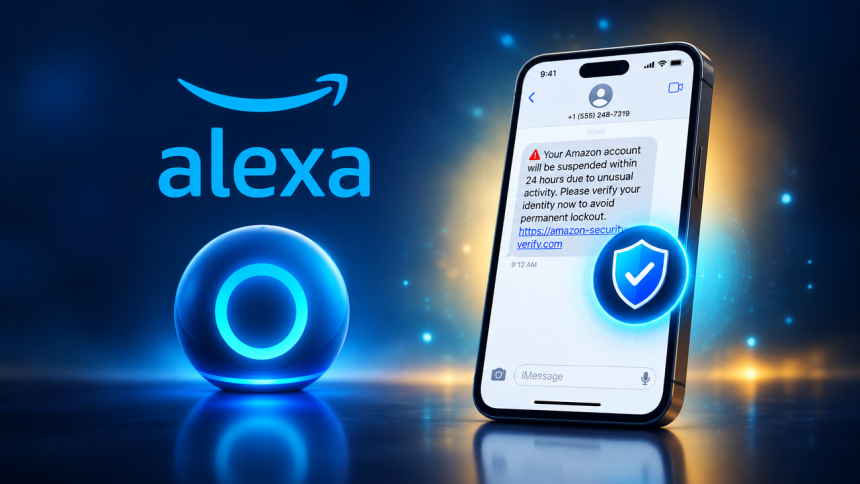 Concept : outil IA anti-arnaque d'Amazon dans Alexa, un smartphone vérifie un message suspect avec un bouclier de sécurité
