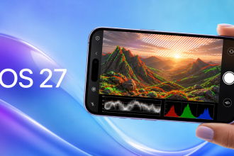 Concept iOS 27 : app Camera en mode monitoring pro avec focus peaking, zébrures et scopes d'exposition
