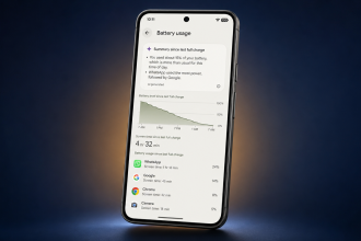 Google Pixel 10 et 11 : écran Battery usage avec le résumé généré par IA de la consommation batterie (AI Core), concept