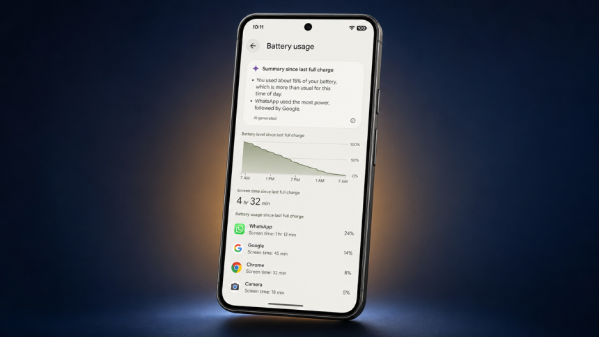 Google Pixel 10 et 11 : écran Battery usage avec le résumé généré par IA de la consommation batterie (AI Core), concept