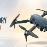 Drone CHUBORY F89 bleu ardoise avec détails dorés, en vol sur fond clair, mise en valeur premium sans badge promo