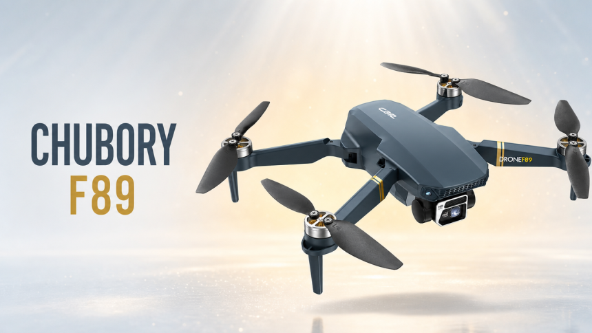 Drone CHUBORY F89 bleu ardoise avec détails dorés, en vol sur fond clair, mise en valeur premium sans badge promo