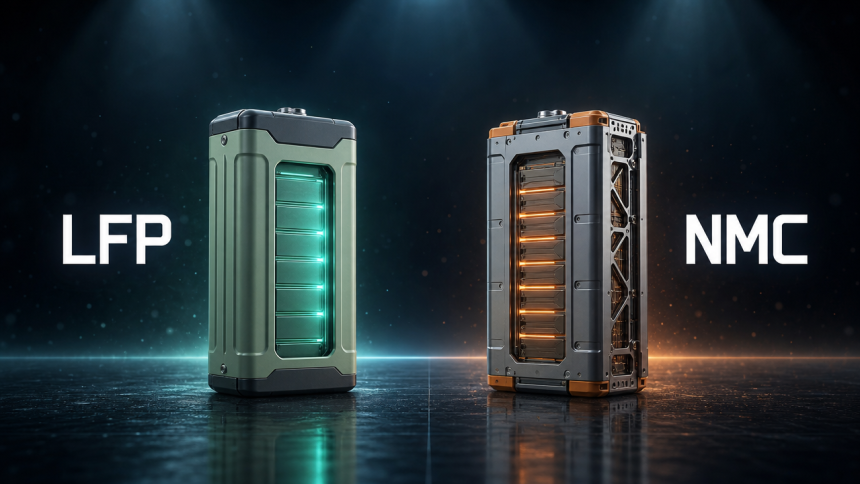 Comparatif de deux batteries de voiture électrique : cellules LFP à gauche, cellules NMC à droite