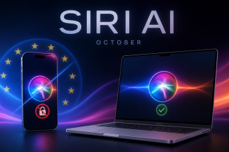 Concept Siri AI : assistant bloqué sur iPhone dans l'Union européenne (DMA) avec panneau interdit, mais disponible sur Mac, bêta en octobre