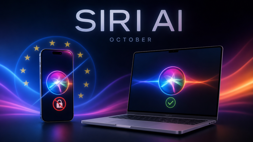 Concept Siri AI : assistant bloqué sur iPhone dans l'Union européenne (DMA) avec panneau interdit, mais disponible sur Mac, bêta en octobre