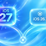 Concept iOS : deux cartes glassmorphism représentant le choix entre iOS 27 et iOS 26.7, la double branche logicielle d'Apple post-lancement