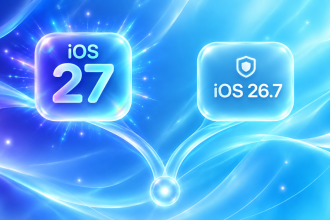 Concept iOS : deux cartes glassmorphism représentant le choix entre iOS 27 et iOS 26.7, la double branche logicielle d'Apple post-lancement