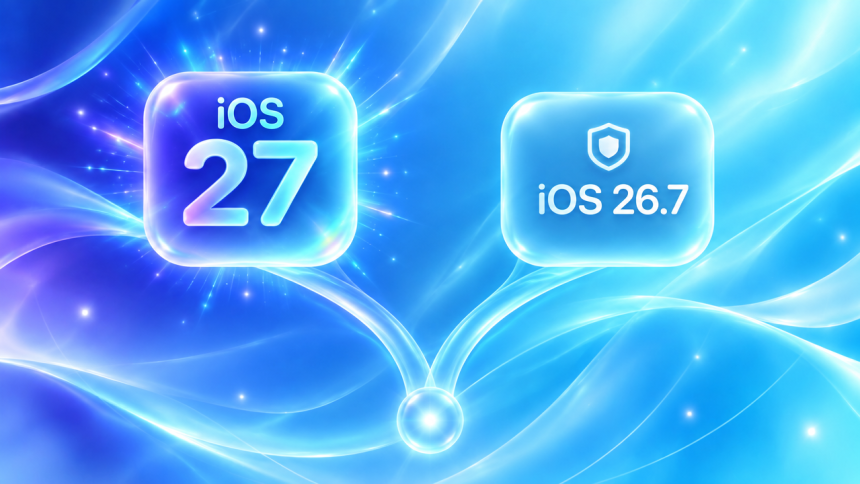 Concept iOS : deux cartes glassmorphism représentant le choix entre iOS 27 et iOS 26.7, la double branche logicielle d'Apple post-lancement