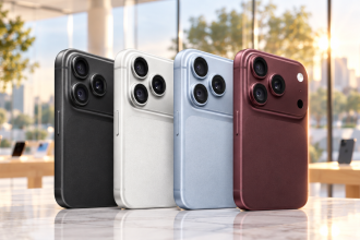 iPhone 18 Pro sur un comptoir Apple Store le jour du lancement en magasin, rendu éditorial