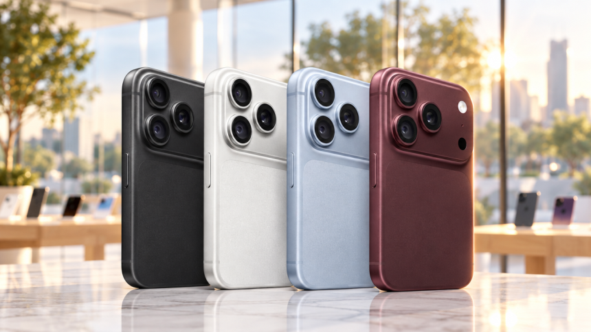 iPhone 18 Pro sur un comptoir Apple Store le jour du lancement en magasin, rendu éditorial