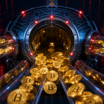 Pièces Bitcoin dorées avec le symbole ₿ drainées hors d'un hub réseau blockchain central par des tuyaux lumineux, concept illustrant le hack à 320 millions de dollars du Liquid Network de Blockstream