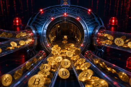 Pièces Bitcoin dorées avec le symbole ₿ drainées hors d'un hub réseau blockchain central par des tuyaux lumineux, concept illustrant le hack à 320 millions de dollars du Liquid Network de Blockstream