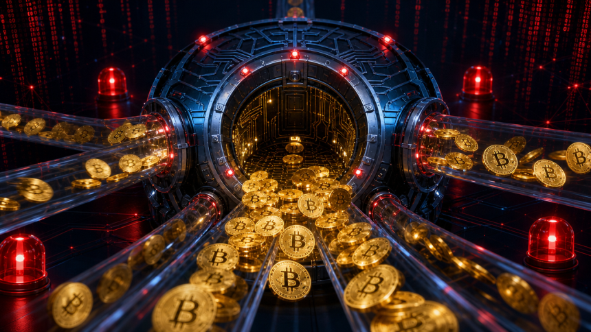 Pièces Bitcoin dorées avec le symbole ₿ drainées hors d'un hub réseau blockchain central par des tuyaux lumineux, concept illustrant le hack à 320 millions de dollars du Liquid Network de Blockstream
