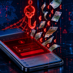 Concept illustration du malware bancaire Android RemControl : smartphone avec app bancaire recouverte d'un overlay rouge malveillant qui siphonne l'argent, ciblage Europe et Canada