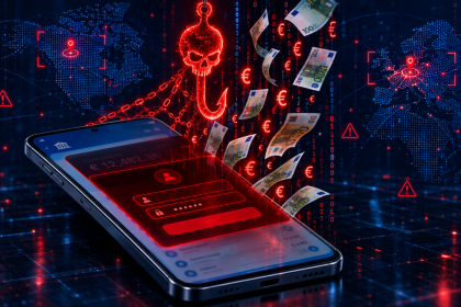 Concept illustration du malware bancaire Android RemControl : smartphone avec app bancaire recouverte d'un overlay rouge malveillant qui siphonne l'argent, ciblage Europe et Canada