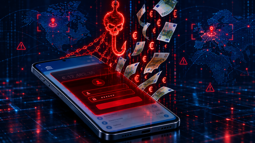 Concept illustration du malware bancaire Android RemControl : smartphone avec app bancaire recouverte d'un overlay rouge malveillant qui siphonne l'argent, ciblage Europe et Canada