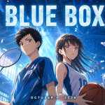 Key art concept de Blue Box saison 2 : Taiki (badminton) et Chinatsu (basketball) dos à dos dans un gymnase baigné de lumière bleue, titre BLUE BOX SEASON 2