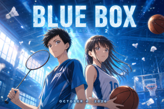 Key art concept de Blue Box saison 2 : Taiki (badminton) et Chinatsu (basketball) dos à dos dans un gymnase baigné de lumière bleue, titre BLUE BOX SEASON 2