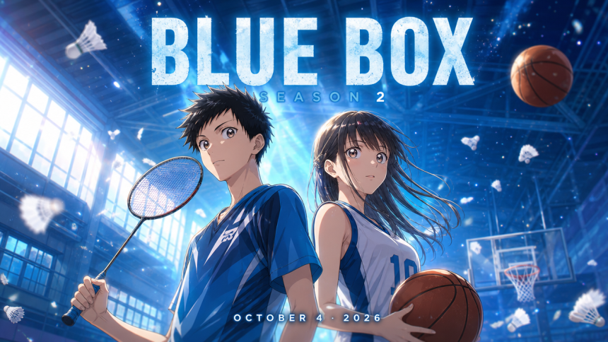 Key art concept de Blue Box saison 2 : Taiki (badminton) et Chinatsu (basketball) dos à dos dans un gymnase baigné de lumière bleue, titre BLUE BOX SEASON 2