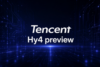 Logo Tencent avec le nom du modèle Hy4 preview sur fond techno sombre