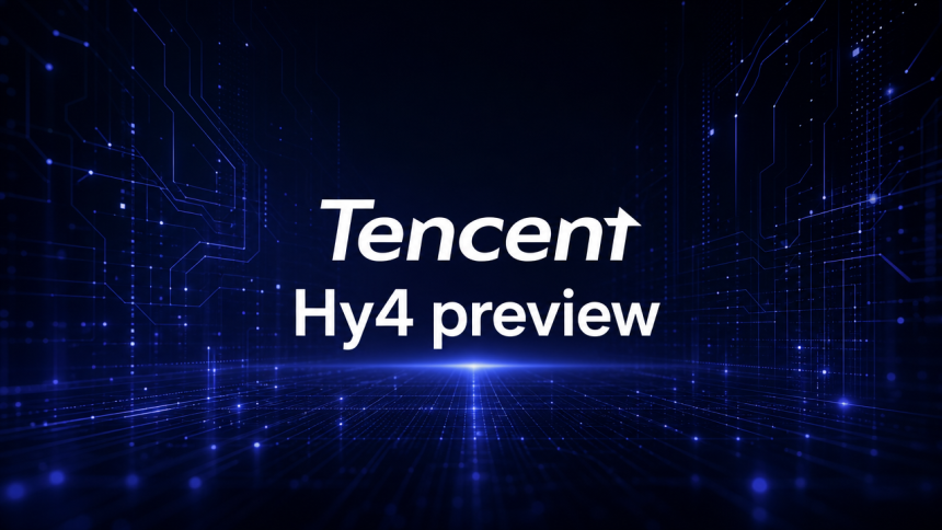 Logo Tencent avec le nom du modèle Hy4 preview sur fond techno sombre