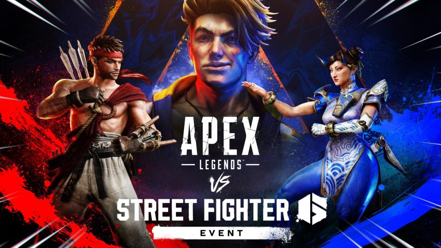 Key art officiel du crossover Apex Legends x Street Fighter 6, héros d'Apex et combattants Street Fighter réunis sur Olympus