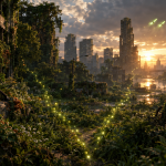Concept The Last of Us : ville abandonnée envahie par la végétation et le Cordyceps, deux traînées de lucioles divergent vers deux chemins, symbolisant les deux nouveaux projets Naughty Dog