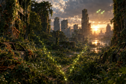Concept The Last of Us : ville abandonnée envahie par la végétation et le Cordyceps, deux traînées de lucioles divergent vers deux chemins, symbolisant les deux nouveaux projets Naughty Dog