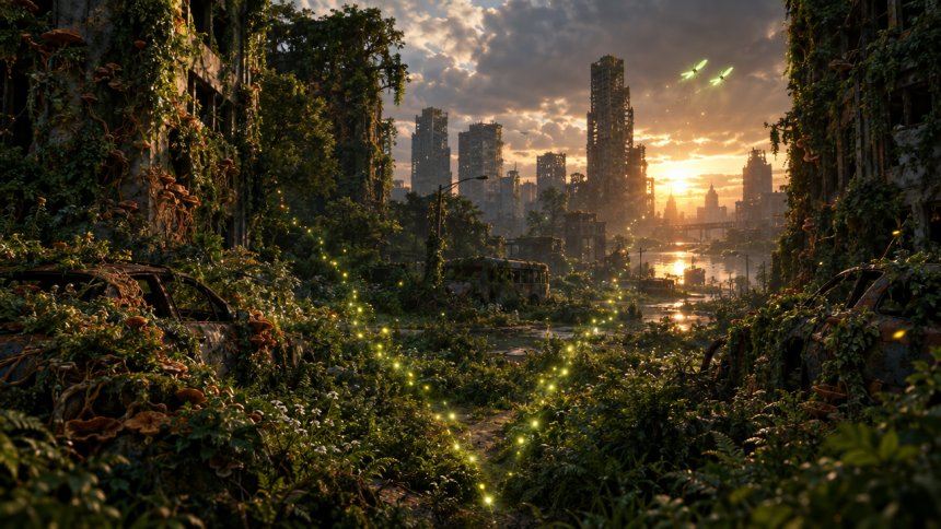 Concept The Last of Us : ville abandonnée envahie par la végétation et le Cordyceps, deux traînées de lucioles divergent vers deux chemins, symbolisant les deux nouveaux projets Naughty Dog