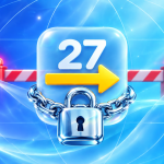 Concept iOS 27 : carré glassmorphism numéroté 27 verrouillé par un cadenas et une flèche sens unique, évoquant la signature iOS 26 fermée par Apple, downgrade impossible