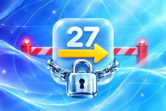 Concept iOS 27 : carré glassmorphism numéroté 27 verrouillé par un cadenas et une flèche sens unique, évoquant la signature iOS 26 fermée par Apple, downgrade impossible