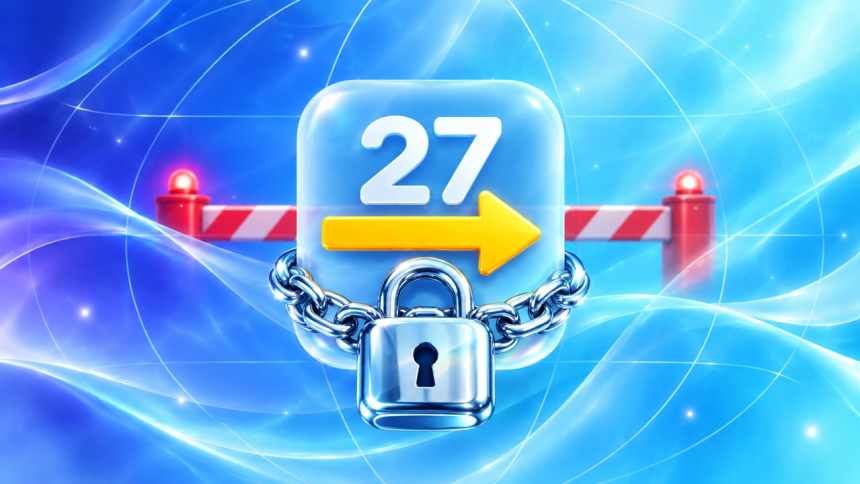 Concept iOS 27 : carré glassmorphism numéroté 27 verrouillé par un cadenas et une flèche sens unique, évoquant la signature iOS 26 fermée par Apple, downgrade impossible