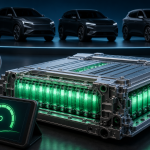 Pack de batterie de voiture électrique testé par diagnostique OBD, avec trois SUV électriques en silhouettes derrière - étude Aviloo santé batterie Mercedes Hyundai BMW Tesla