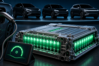 Pack de batterie de voiture électrique testé par diagnostique OBD, avec trois SUV électriques en silhouettes derrière - étude Aviloo santé batterie Mercedes Hyundai BMW Tesla