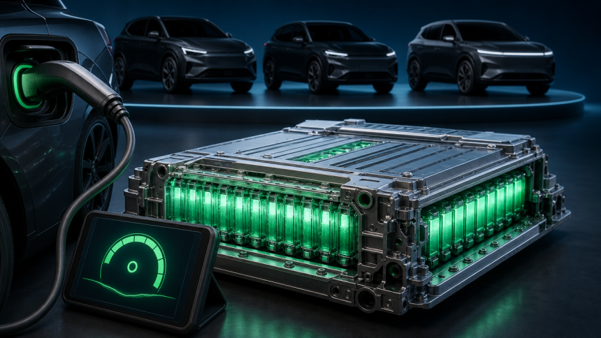 Pack de batterie de voiture électrique testé par diagnostique OBD, avec trois SUV électriques en silhouettes derrière - étude Aviloo santé batterie Mercedes Hyundai BMW Tesla