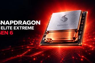 Rendu concept du prototype Snapdragon 8 Elite Extreme Gen 6, die avec Heat Pass Block intégré, texte SNAPDRAGON 8 ELITE EXTREME GEN 6 sur fond rouge Qualcomm