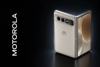 Motorola Razr pliable format livre teasé en riposte à l'iPhone Duo, concept sur fond noir avec barre caméra horizontale et logo MOTOROLA