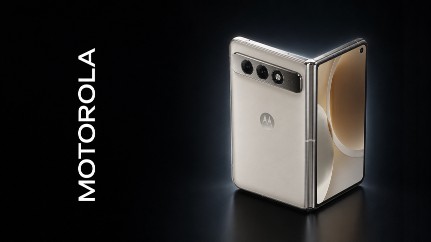 Motorola Razr pliable format livre teasé en riposte à l'iPhone Duo, concept sur fond noir avec barre caméra horizontale et logo MOTOROLA