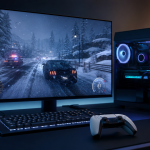 Concept : un PC gamer fait tourner GTA V version PS5 via l'émulateur KytyPS5, scène enneigée de North Yankton à l'écran, manette DualSense au premier plan