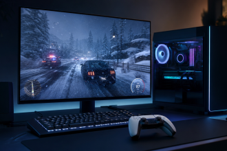 Concept : un PC gamer fait tourner GTA V version PS5 via l'émulateur KytyPS5, scène enneigée de North Yankton à l'écran, manette DualSense au premier plan
