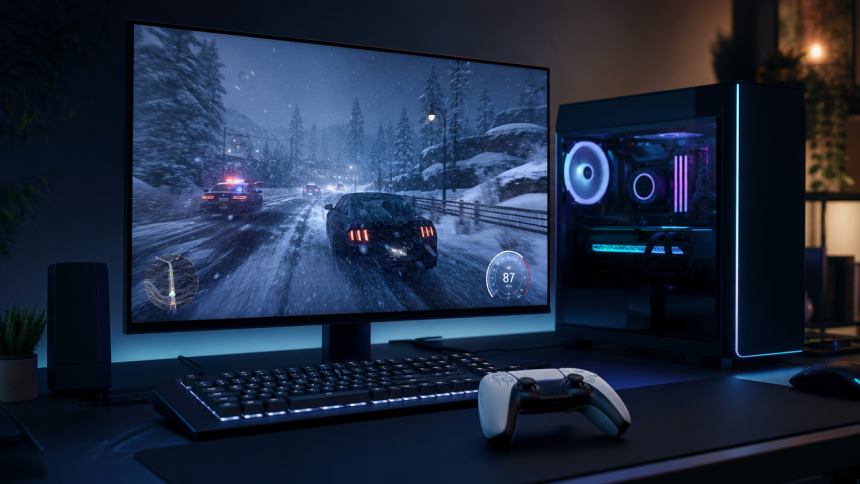 Concept : un PC gamer fait tourner GTA V version PS5 via l'émulateur KytyPS5, scène enneigée de North Yankton à l'écran, manette DualSense au premier plan