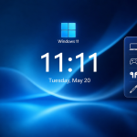 Concept Windows 11 : logo officiel et carte widget batterie unifiée sur l'écran de verrouillage, affichant la jauge du PC et des périphériques connectés (manette, écouteurs, stylet)