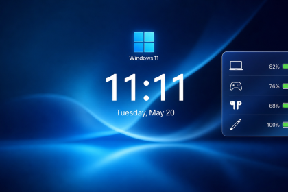 Concept Windows 11 : logo officiel et carte widget batterie unifiée sur l'écran de verrouillage, affichant la jauge du PC et des périphériques connectés (manette, écouteurs, stylet)