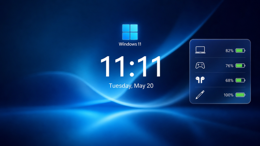 Concept Windows 11 : logo officiel et carte widget batterie unifiée sur l'écran de verrouillage, affichant la jauge du PC et des périphériques connectés (manette, écouteurs, stylet)