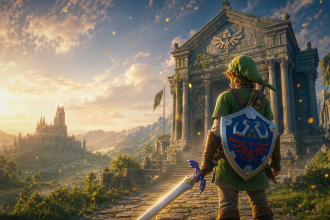 Link devant le temple du Temps, visuel anniversaire 40 ans de Zelda pour les Nintendo Direct de septembre 2026