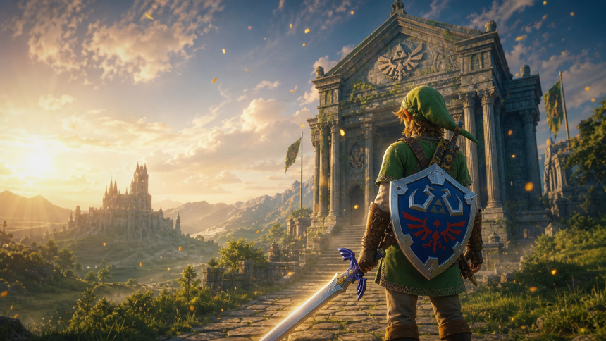 Link devant le temple du Temps, visuel anniversaire 40 ans de Zelda pour les Nintendo Direct de septembre 2026